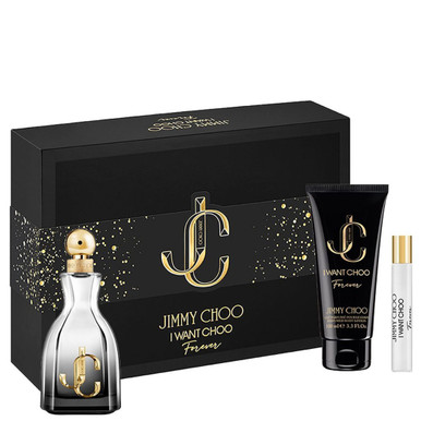 JIMMY CHOO I WANT CHOO FOREVER 3 PCS SET FOR WOMEN: 3.3 EAU DE PARFUM SPRAY + 0.25 EAU DE PARFUM SPRAY + 3.3 BODY LOTION (HARD)