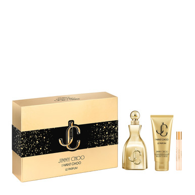 JIMMY CHOO I WANT CHOO LE PARFUM 3 PCS SET FOR WOMEN: 3.3 PARFUM SPRAY + 0.25 PARFUM SPRAY + 3.3 BODY LOTION