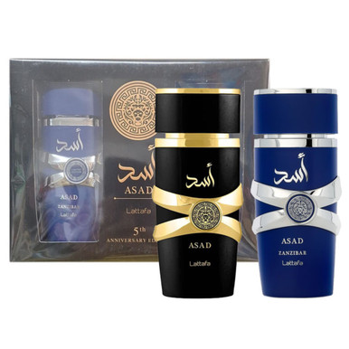 LATTAFA ASAD 2 PCS SET FOR MEN: ASAD 3.4 EAU DE PARFUM SPRAY + ASAD ZANZIBAR 3.4 EAU DE PARFUM SPRAY