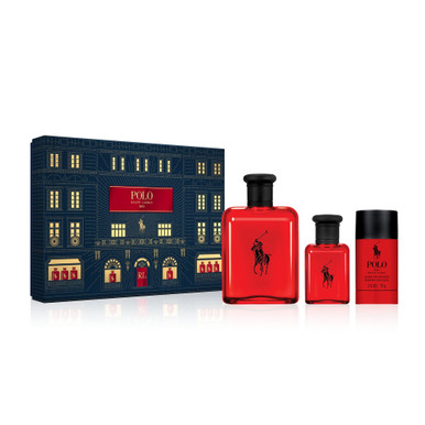 RALPH LAUREN POLO RED 3 PCS SET FOR MEN: 4.2 EAU DE TOILETTE SPRAY + 1.36 EAU DE TOILETTE SPRAY + 2.6 DEODORANT STICK.