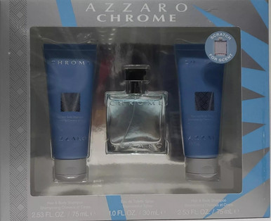 AZZARO CHROME 3 PCS SET FOR MEN: 1 OZ EAU DE TOILETTE SPRAY + 2 * 2.5 HAIR & BODY SHAMPOO