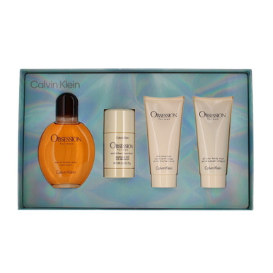 CALVIN KLEIN OBSESSION 4 PCS SET FOR MEN: 4.2 EAU DE TOILETTE SPRAY + 2.6 DEODORANT STICK + 3.3 AFTER SHAVE BALM + 3.3 BODY WASH